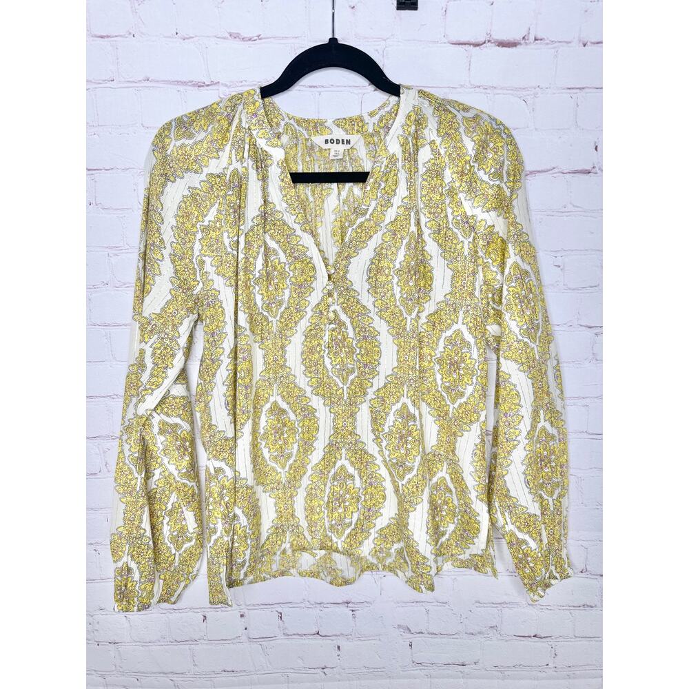 Boden Yellow Paisley Long Sleeve Cotton Top Womens US 6 Like New Metallic Gold